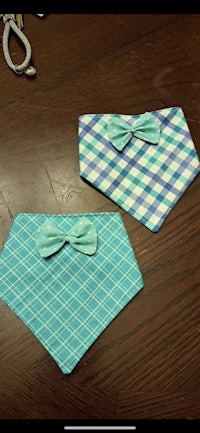 a blue and green plaid dog bandana with a bow tie